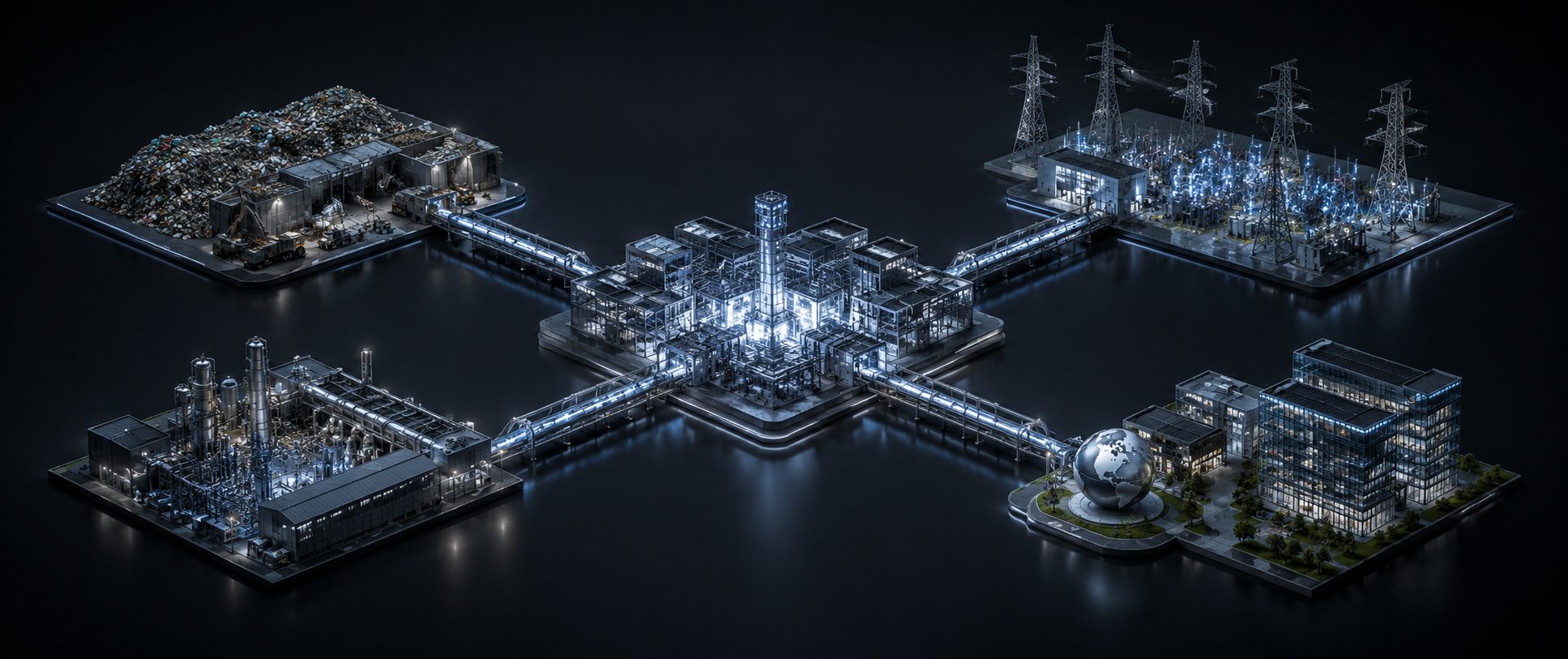 Diagram showing waste, technology, energy and capital connecting into one system
