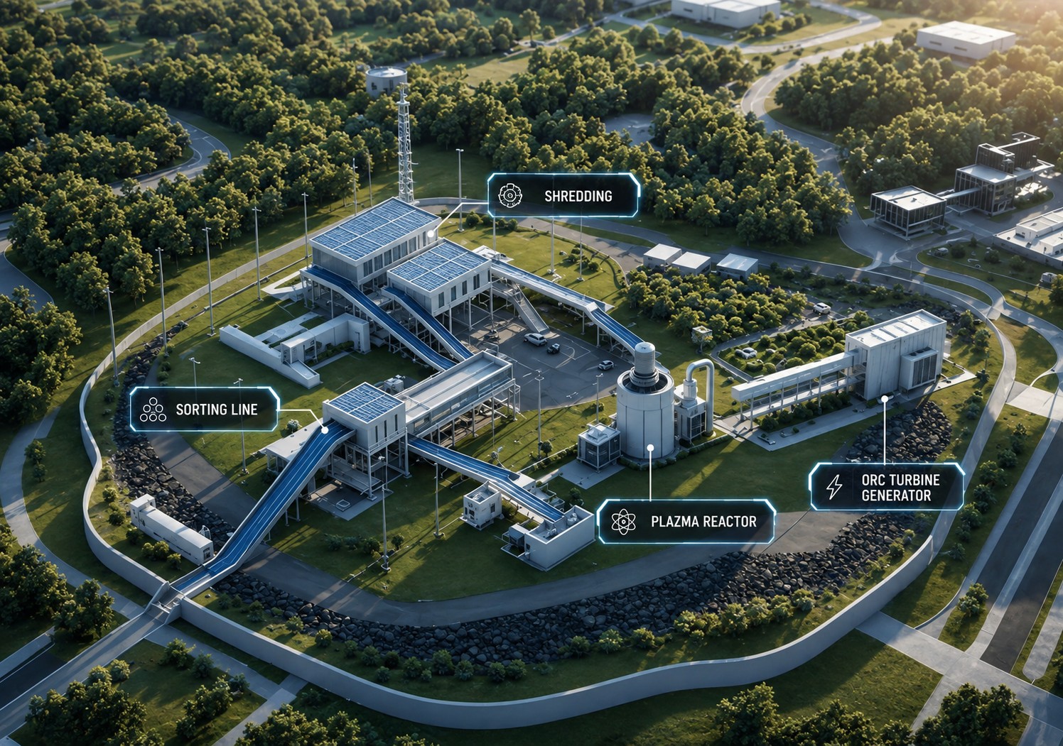 Aerial view of an Aetherlution waste-to-energy facility, with the sorting line, shredding unit, plasma reactor and ORC turbine generator labeled