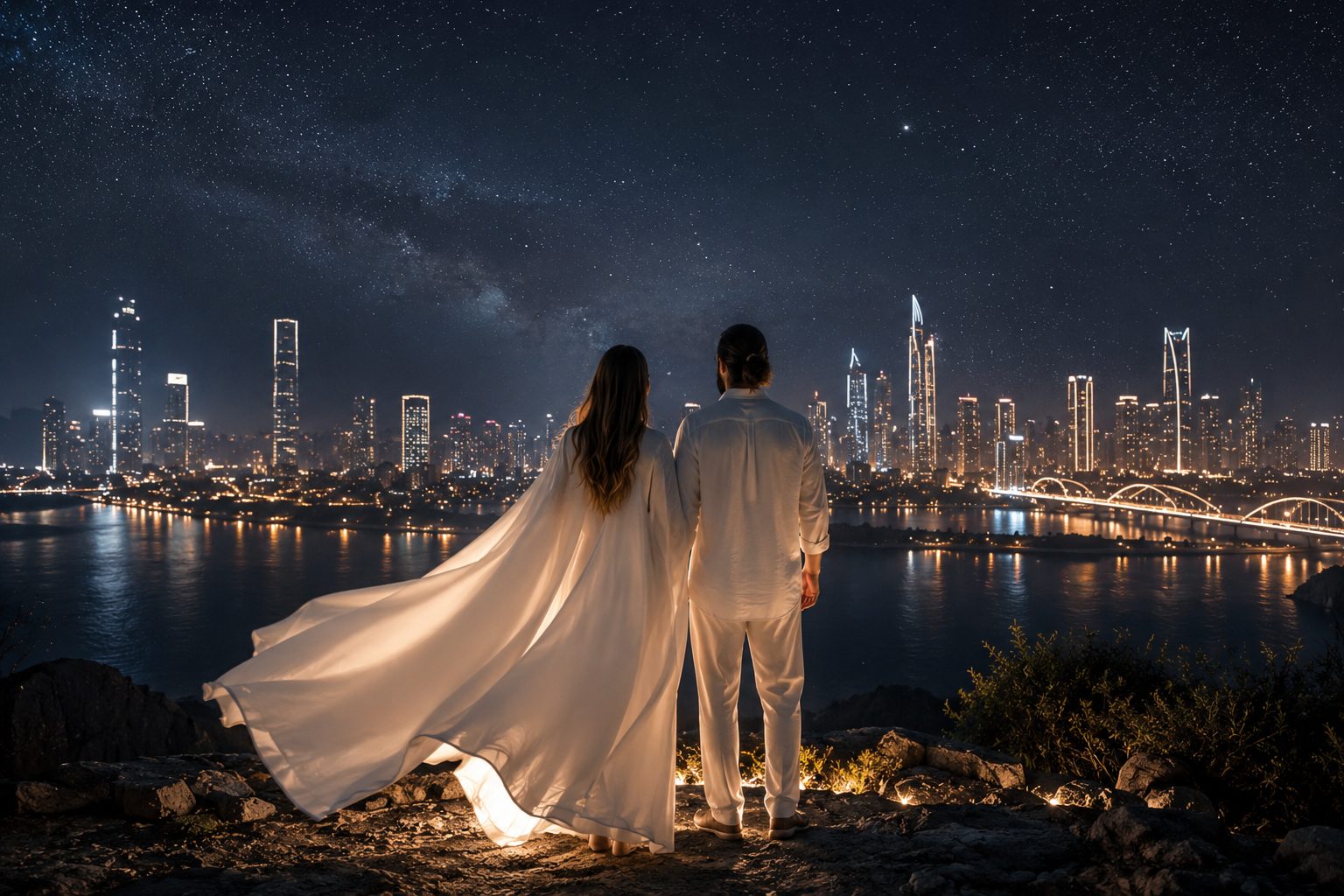 Aetherlution founders overlooking a city skyline at night