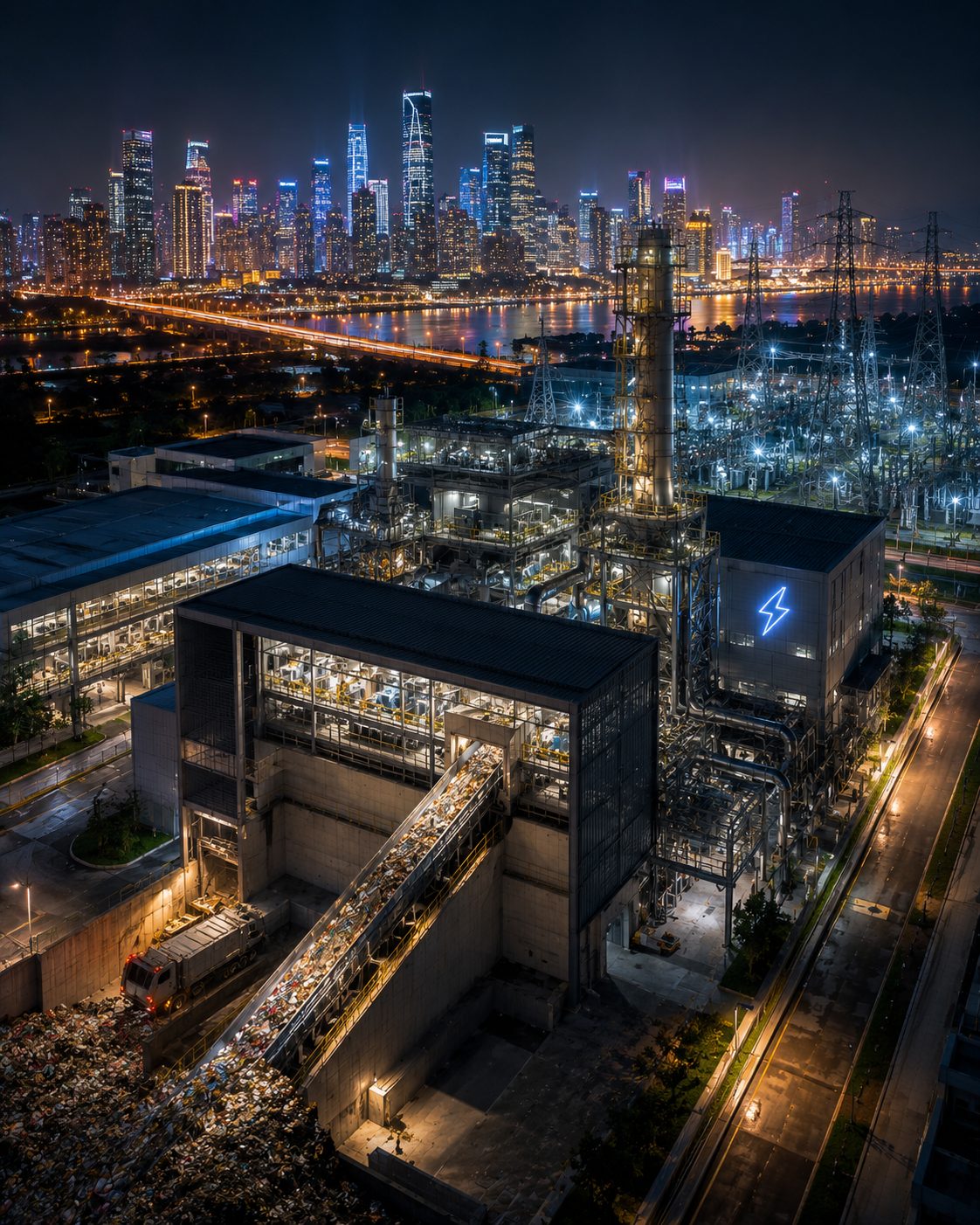 Waste-to-energy plant at night with a city skyline in the background